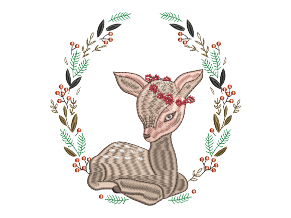 Charming Floral Baby Deer Wreath Embroidery